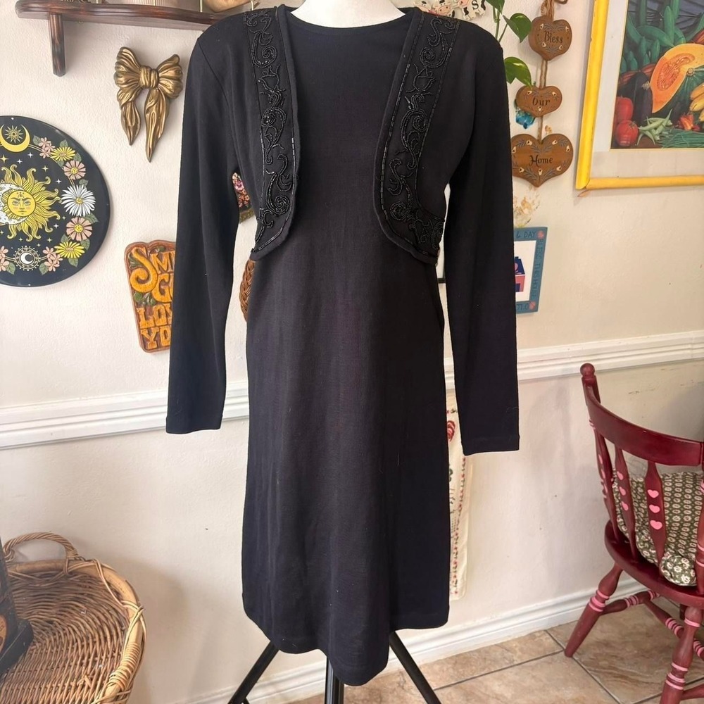 Vintage 90s Liz Claiborne‎ Size S Beaded Knee Length Dress Layering Cardigan